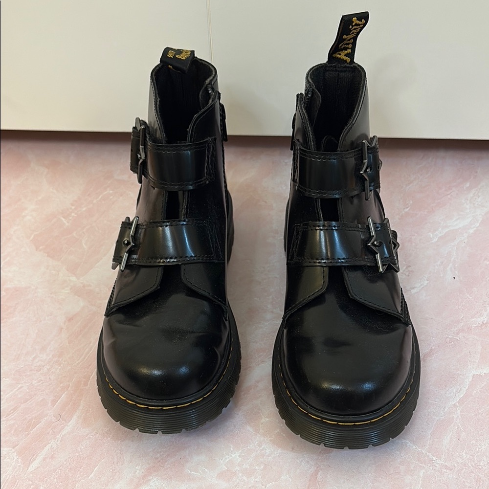 Dr. Martens Black Leather Boots with Star Buckles, side zip